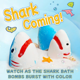 JOI MEW Shark Bath Bombs explode into vibrant colors for sensory bath experiences.