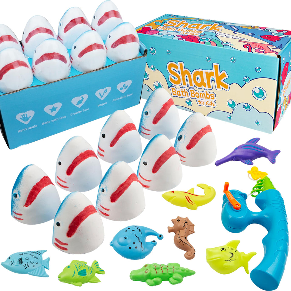 JOI MEW Shark Bath Bombs with surprise fishing toys create colorful bath play for kids.