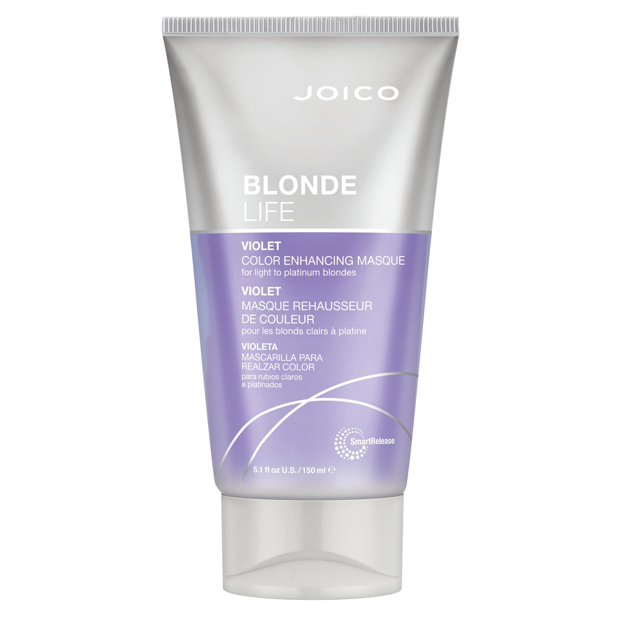 Joico Blonde Life Masque jar shows violet formula for hydrating and detangling.