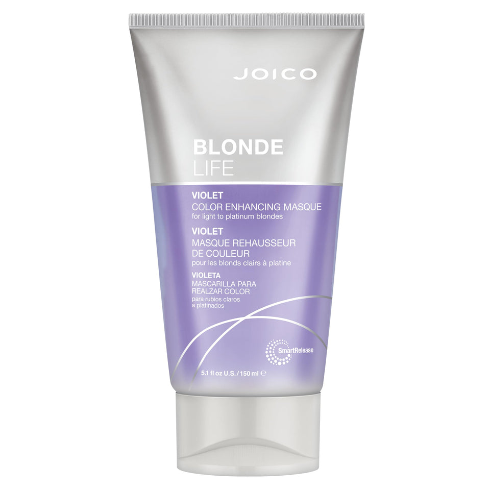 Joico Blonde Life Masque jar shows violet formula for hydrating and detangling.