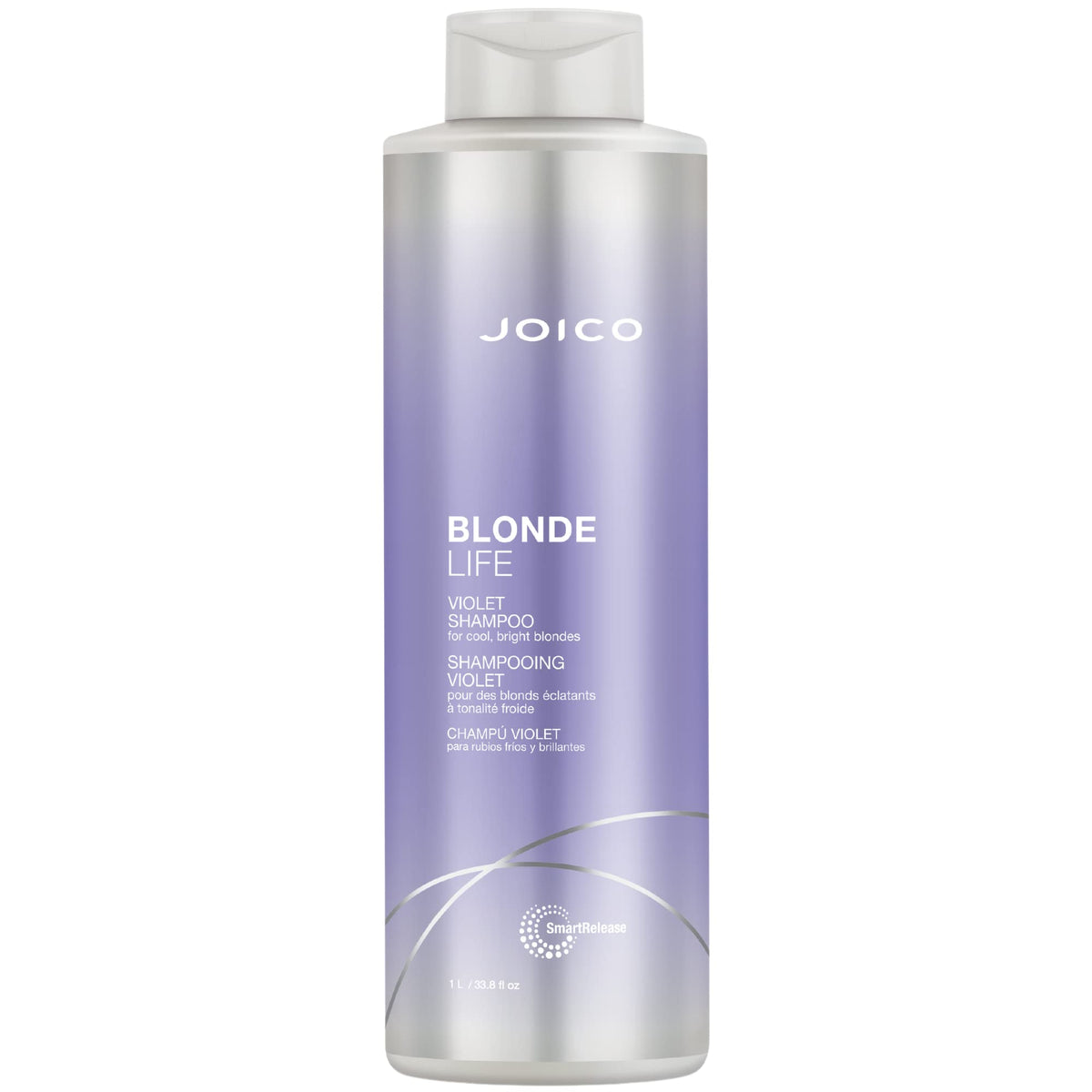 Joico Blonde Life Violet Shampoo bottle shows brass-neutralizing action for cool blonde tones.