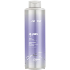 Joico Blonde Life Violet Shampoo bottle shows brass-neutralizing action for cool blonde tones.