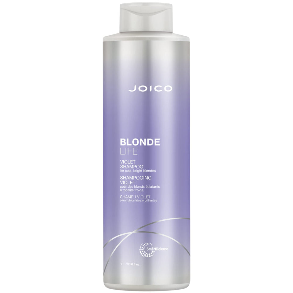 Joico Blonde Life Violet Shampoo bottle shows brass-neutralizing action for cool blonde tones.