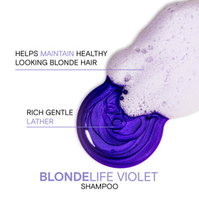 Joico Blonde Life Violet Shampoo illustrates brassy tones cooling to enhance cool blonde shine.