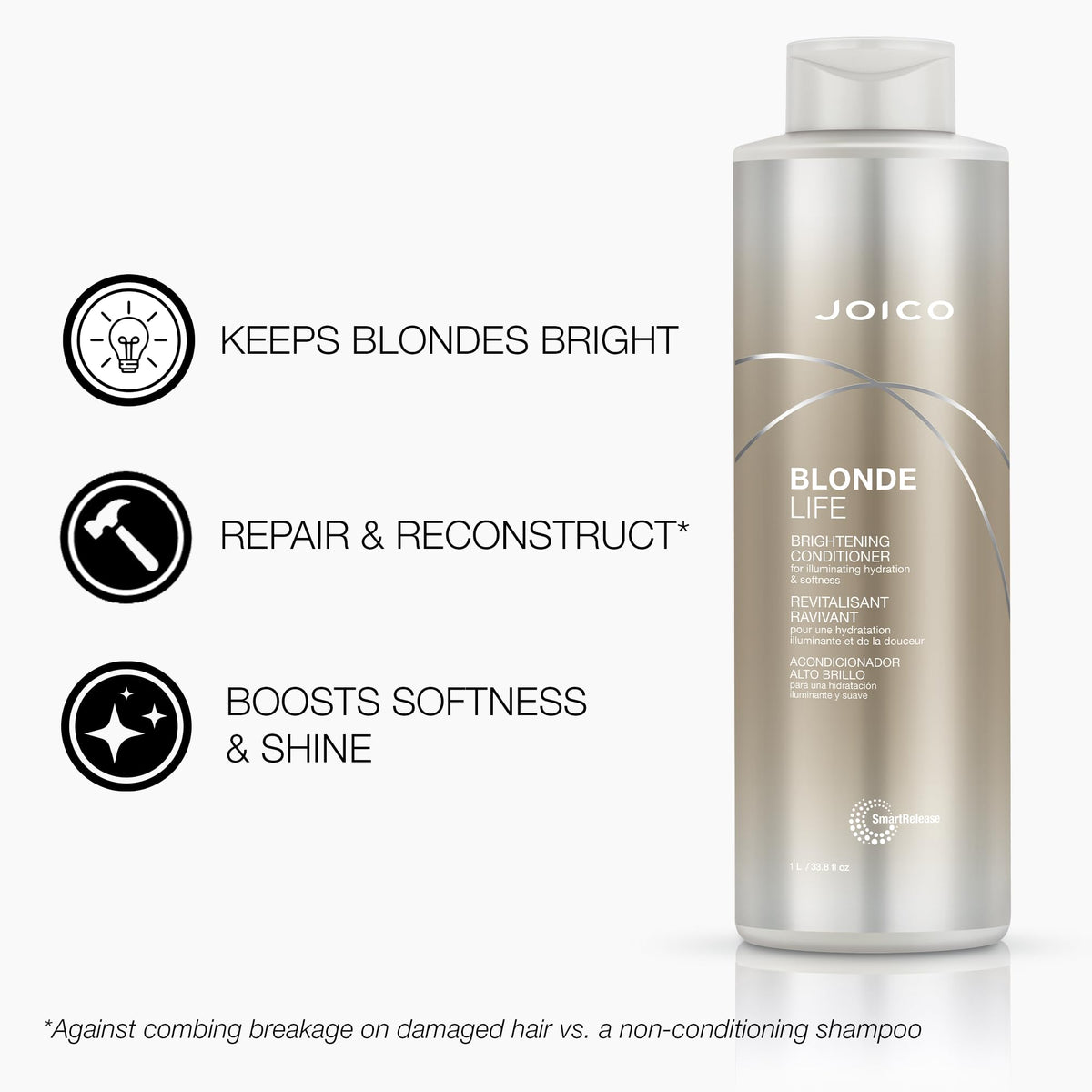 Joico Brightening Conditioner detangles and softens blonde strands for smooth shine.