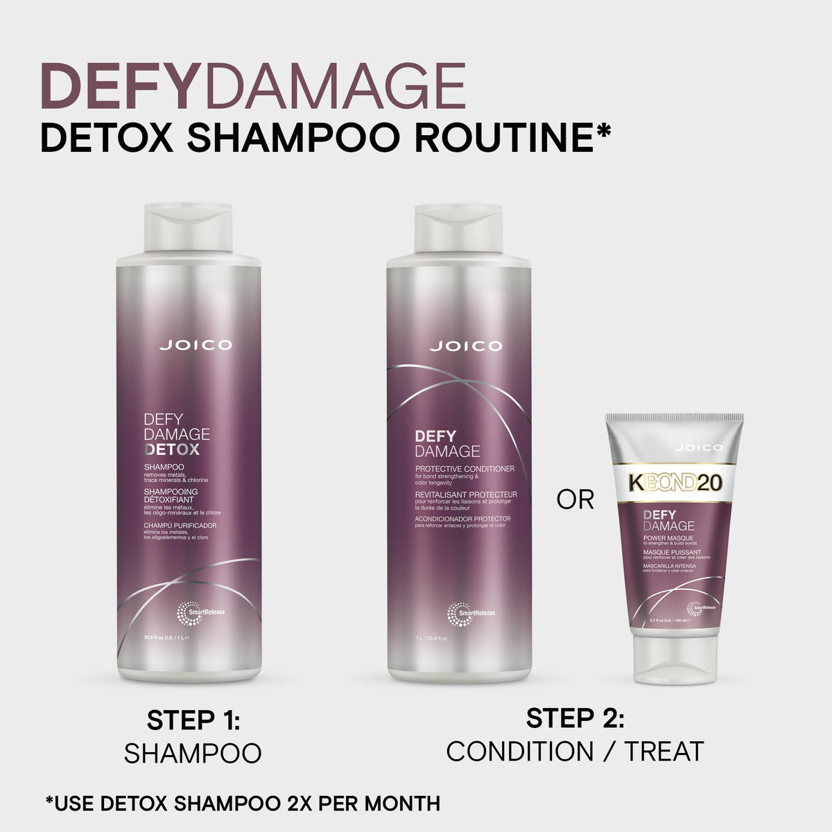 Joico Defy Damage Detox Shampoo in a 33.8 oz bottle for long-lasting cleansing.