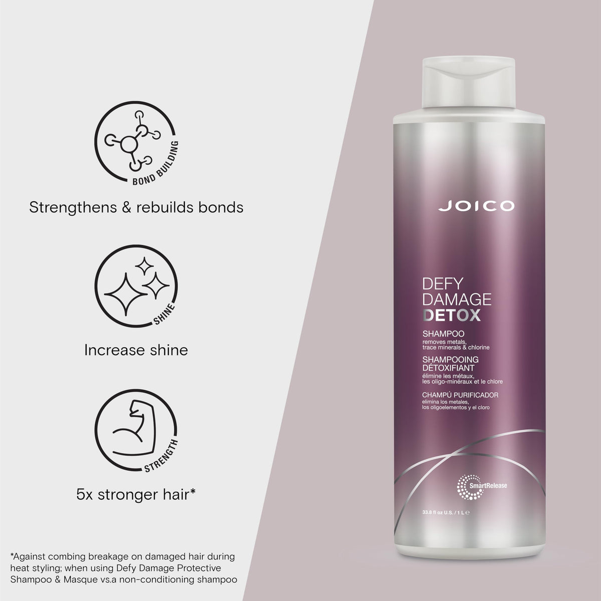 Joico Defy Damage Detox Shampoo features vegan SmartRelease technology for plant-based protein support.