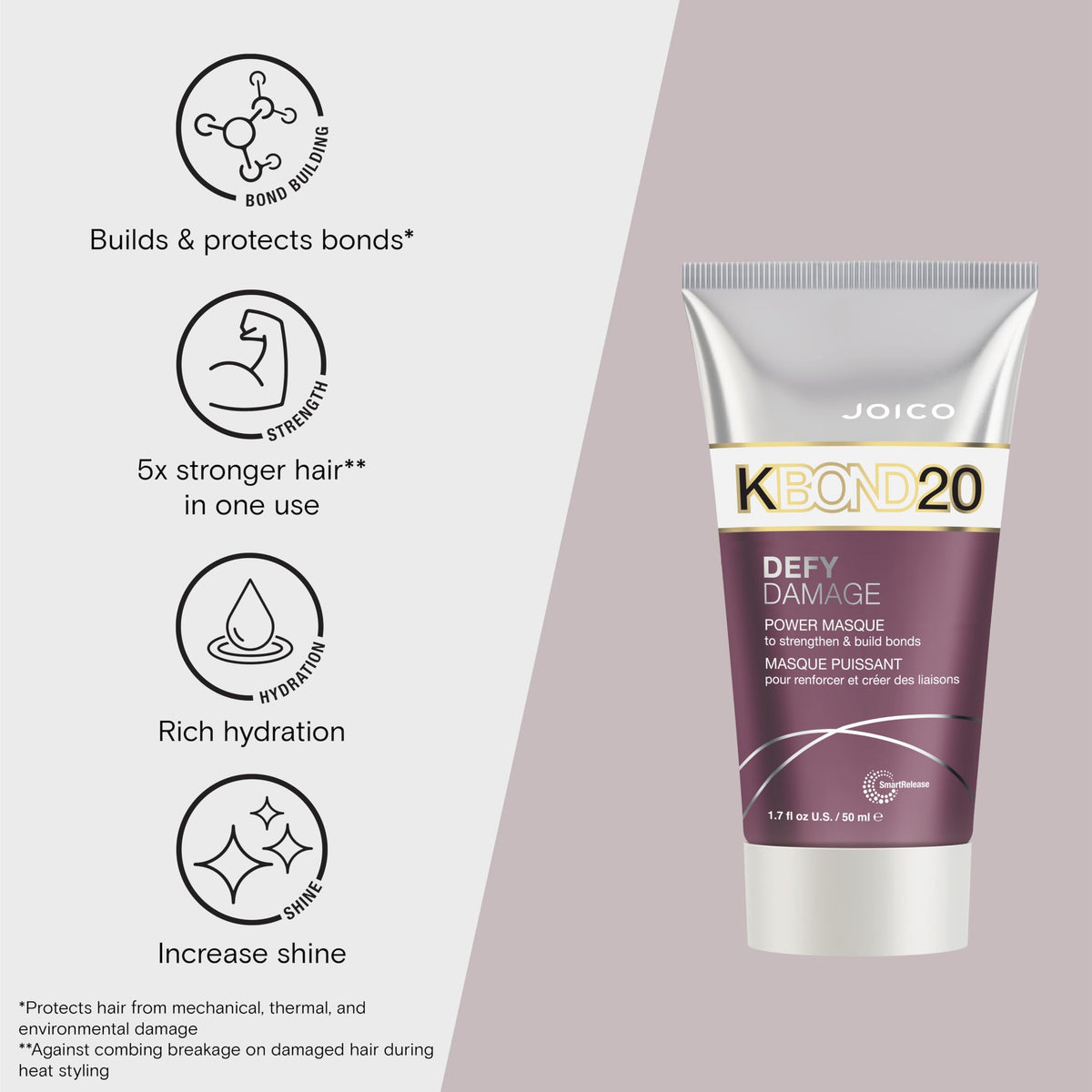 Joico Defy Damage KBOND20 Power Masque hands application demonstrates detangling ease.