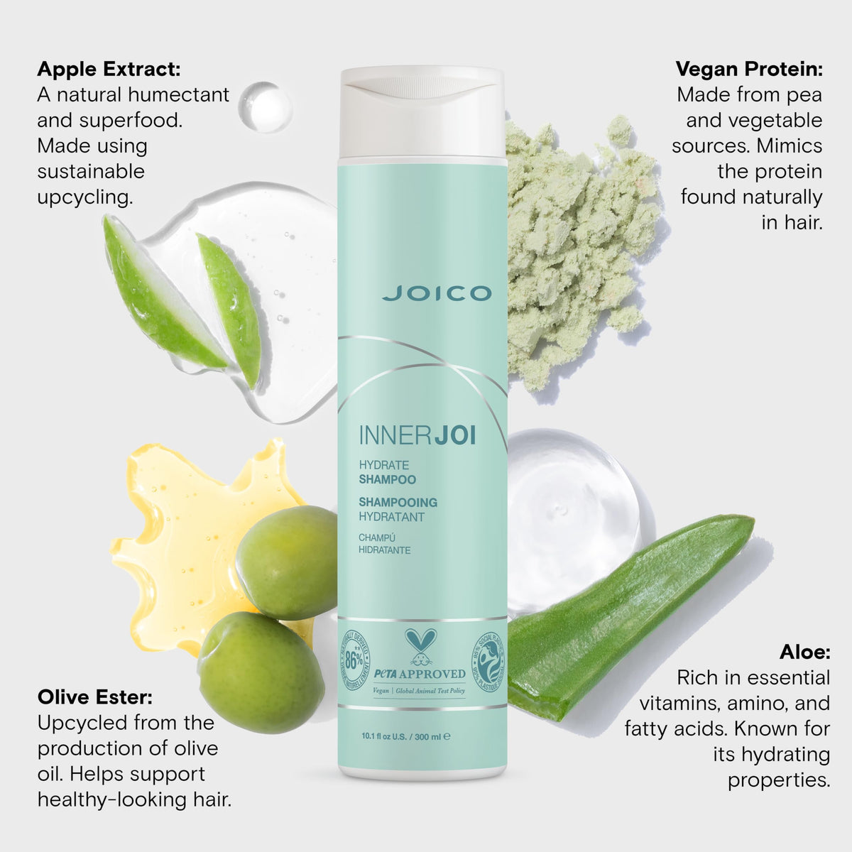 Joico InnerJoi Hydrate Shampoo vegan formula shown for clean beauty