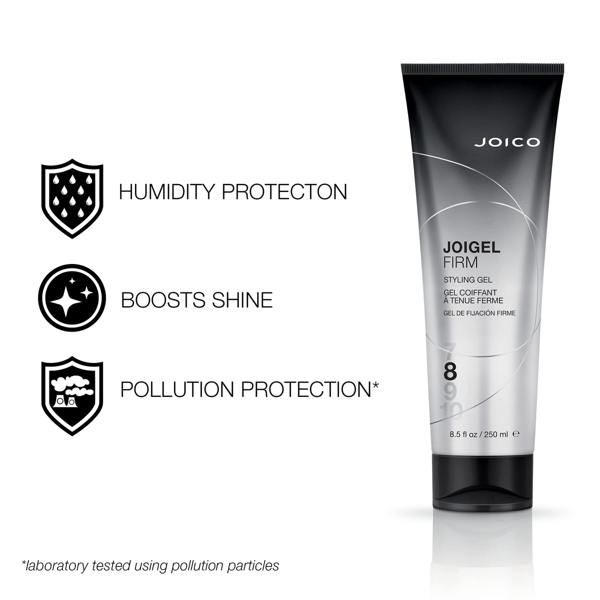 Closeup of JoiGel Firm bottle showing hydration and control for textured styles.