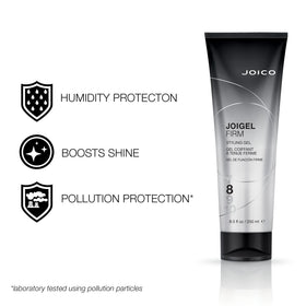 Closeup of JoiGel Firm bottle showing hydration and control for textured styles.