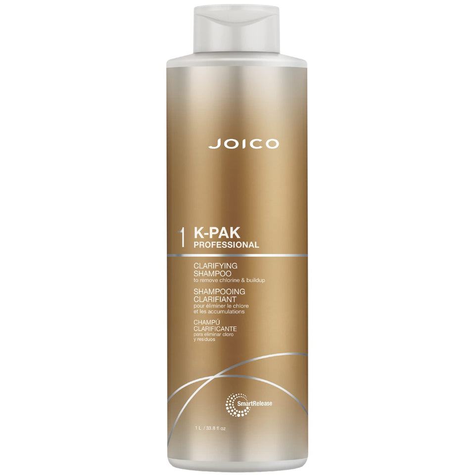 Joico K-PAK Daily Clarifying Shampoo bottle, detoxifies hair by removing chlorine and mineral buildup.