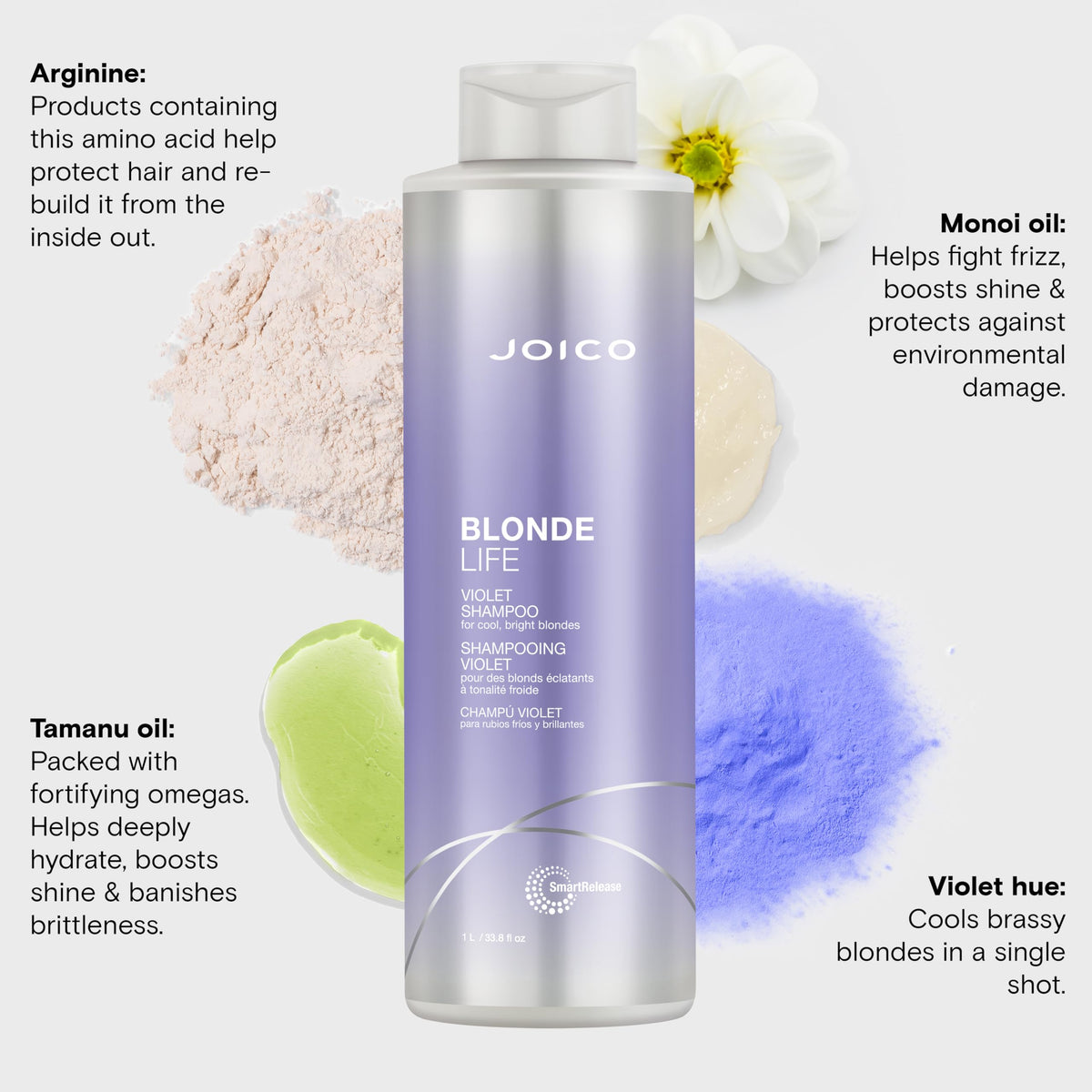 Joico Monoi Tamanu oil infusion highlights nourishing care for hair health.