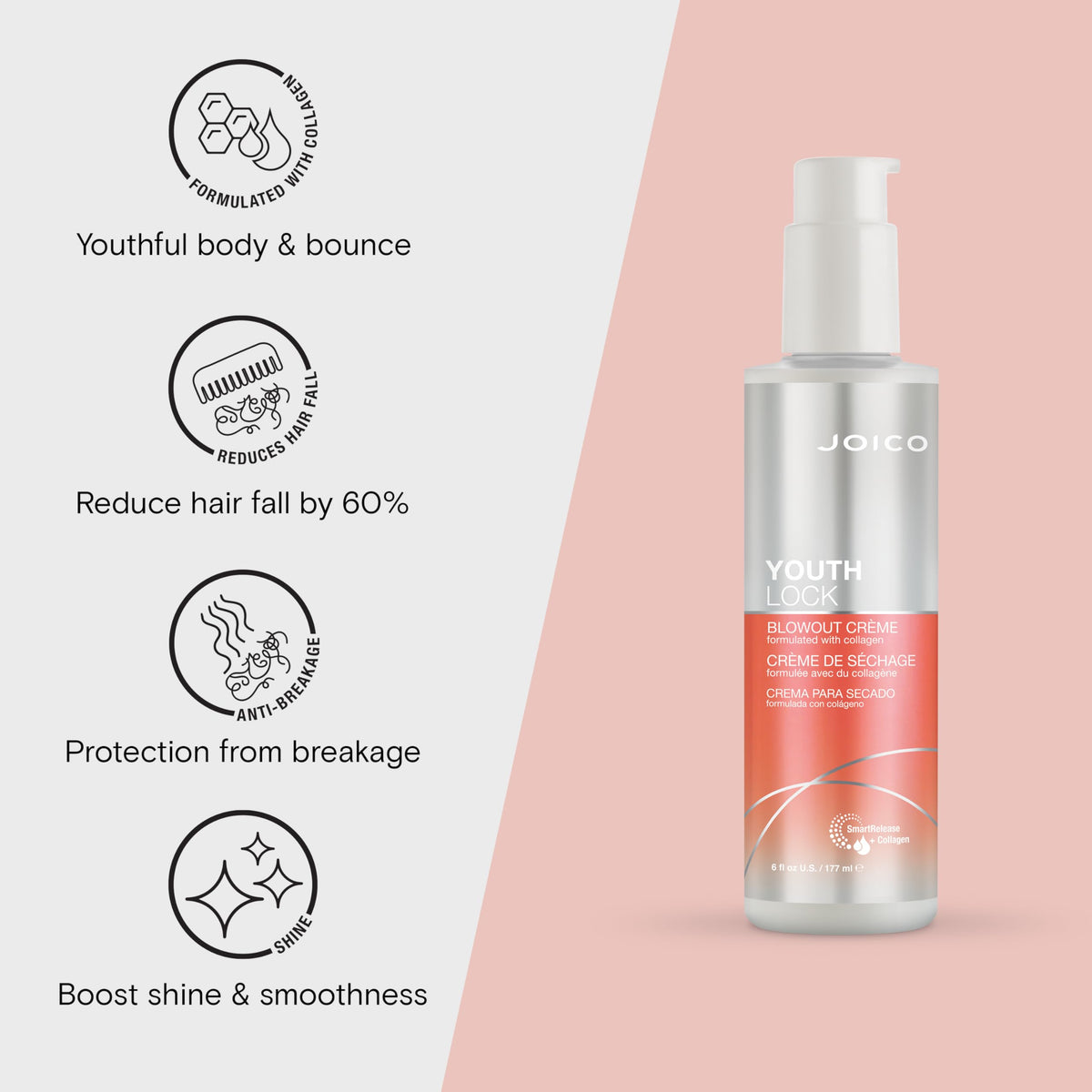 Joico YouthLock Blowout Crème close-up on hair texture and bounce.
