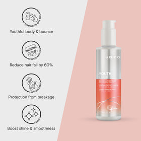 Joico YouthLock Blowout Crème close-up on hair texture and bounce.