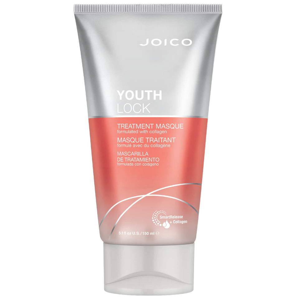 Joico YouthLock Masque collagen jar close-up for nourishing, frizz-taming care.