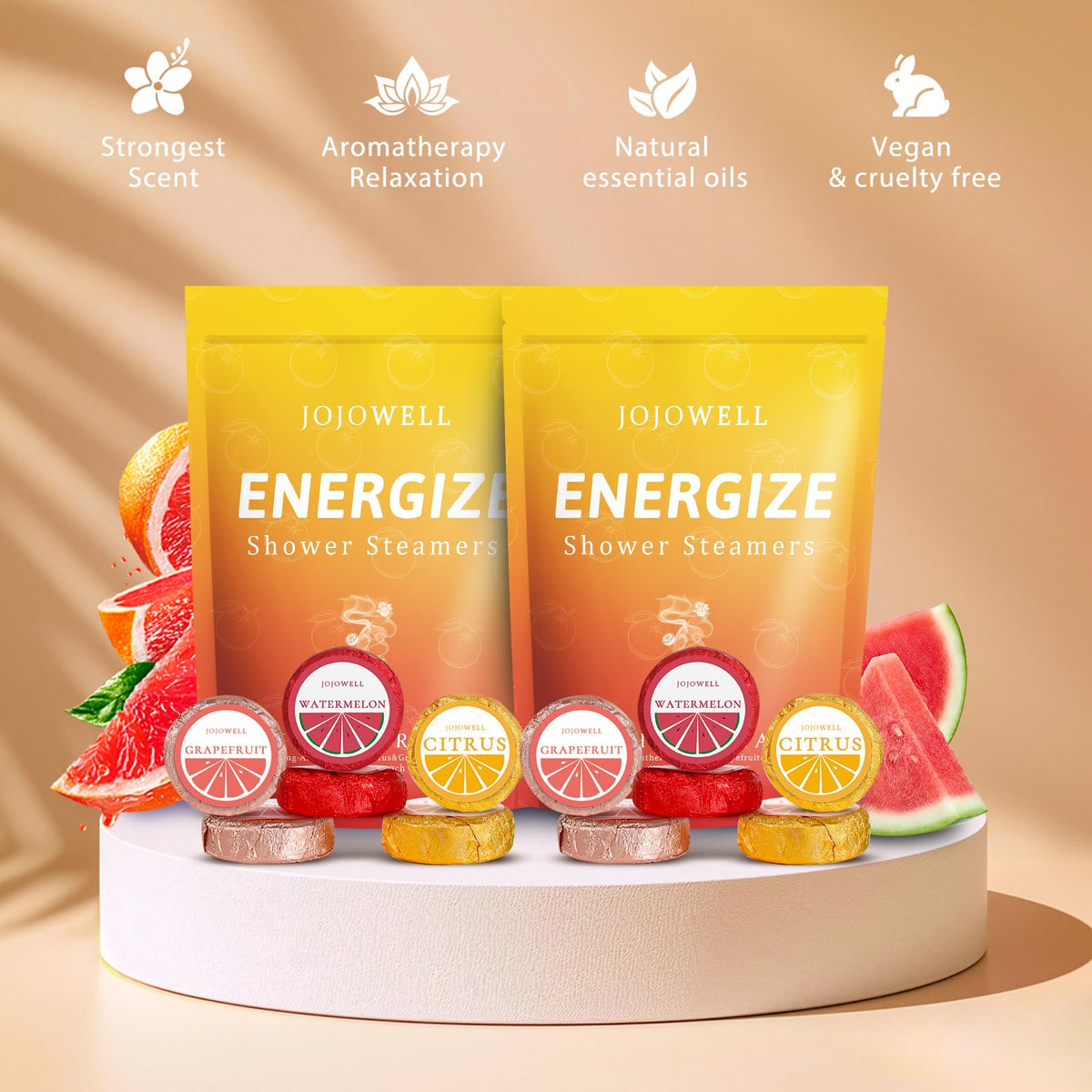 JoJowell Grapefruit Shower Steamer pack delivers bright energy and calm mood.