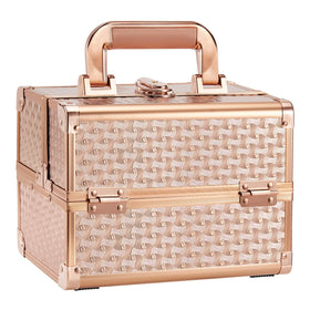 Joligrace beauty makeup train case in rose gold keeping cosmetics organized while traveling.