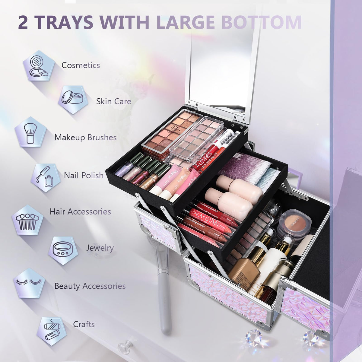 Joligrace bi-level tray design for easy access during routine makeup.