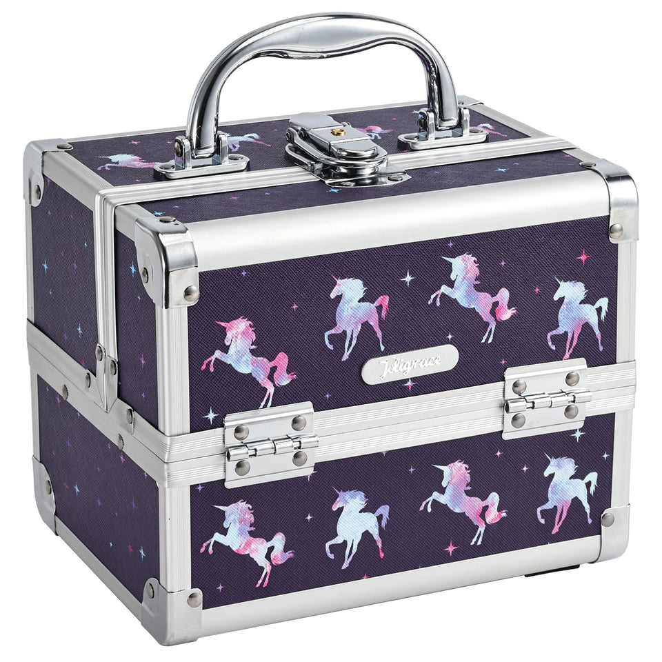 Joligrace makeup case with unicorn design, perfect for keeping girls' cosmetics organized.