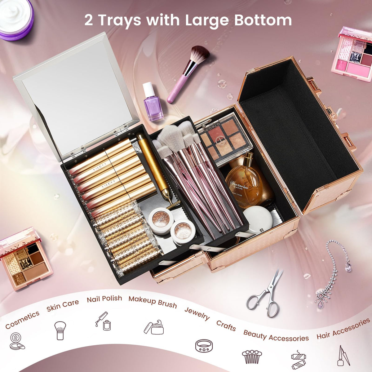 Joligrace makeup case with mirror on top tray supports quick checks during routine.