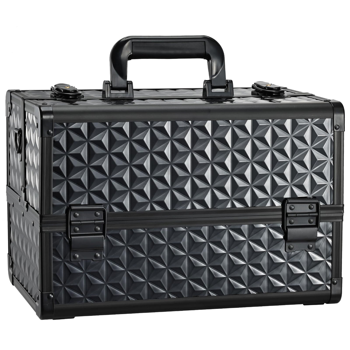 Joligrace Makeup Train Case front view in black geo aluminum finish for travel-ready cosmetics