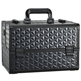 Joligrace Makeup Train Case front view in black geo aluminum finish for travel-ready cosmetics