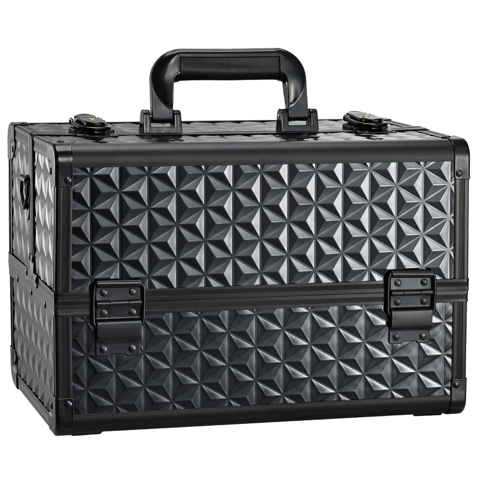 Joligrace Makeup Train Case front view in black geo aluminum finish for travel-ready cosmetics