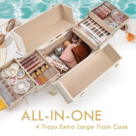 Joligrace makeup train case side view showing drawers for brushes and palettes.