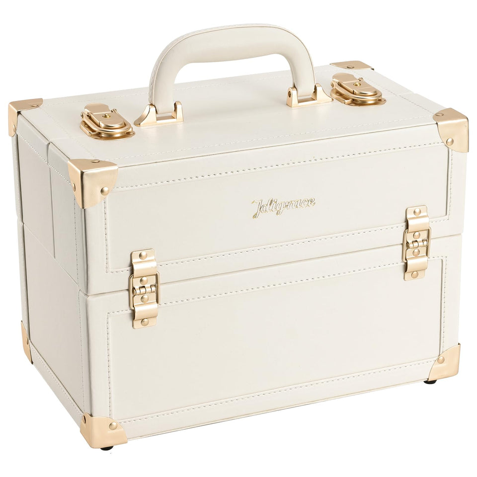 Joligrace makeup train case front view in retro champagne beige vegan leather for organized travel.