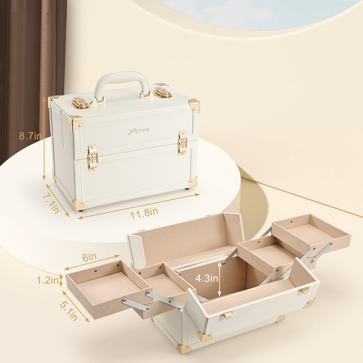 Joligrace makeup train case dimensions 11.8 by 8.7 by 7.1 inches for travel.