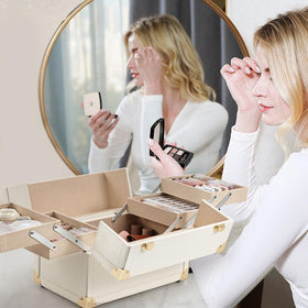 Joligrace makeup train case open tray with four tiers for easy cosmetics access.