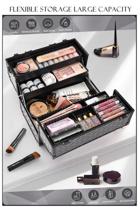 Joligrace makeup train case open with trays shows organized storage for daily routines