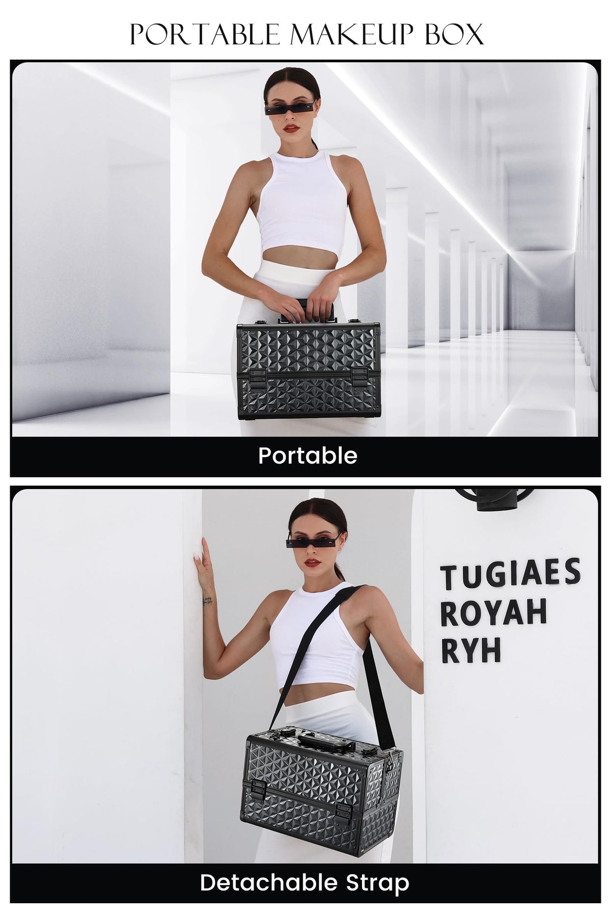 Joligrace makeup train case side with strap demonstrates portable, secure storage on the go