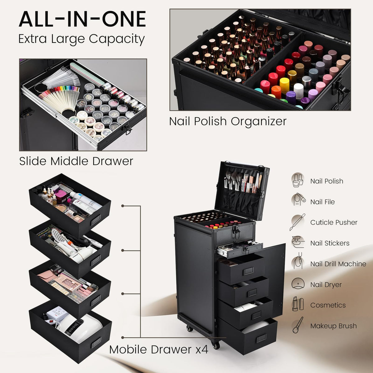 Joligrace nail case with 72 polish bottles organized on the go