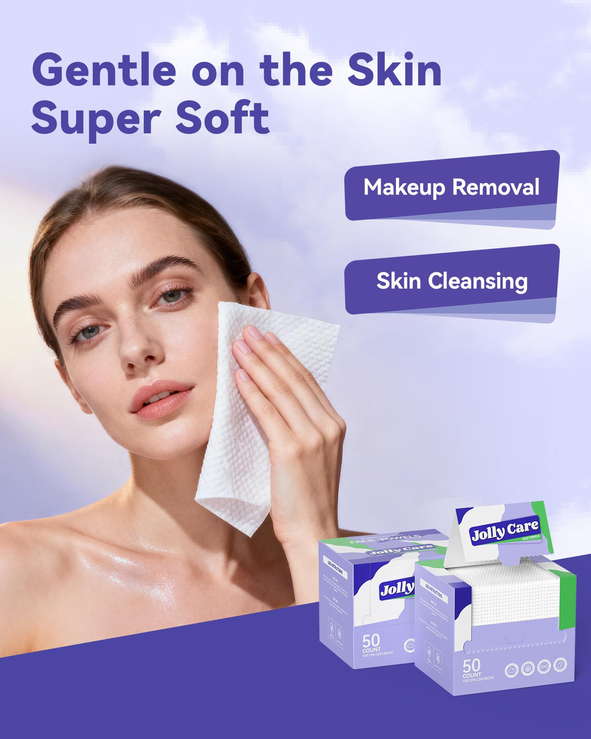 Jolly Care disposable face towels with two-sided texture for deep cleansing.