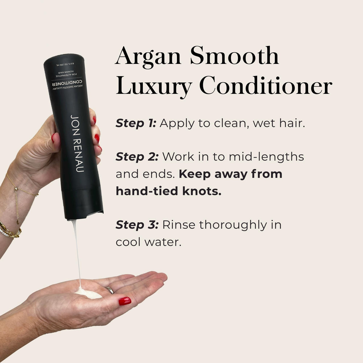 Jon Renau Argan Smooth Conditioner hair wig closeup shows soft, frizz-free shine.
