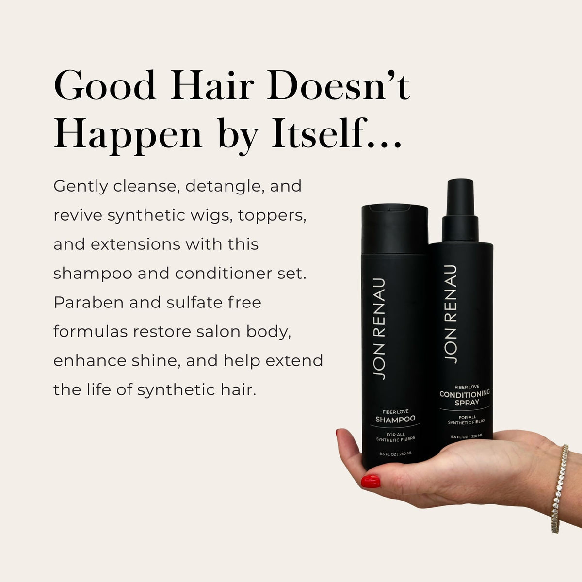 Jon Renau Fiber Love conditioning spray bottle adds slip for easy detangling