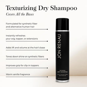 Jon Renau dry shampoo bottle back label highlights usage and ingredients for toppers.