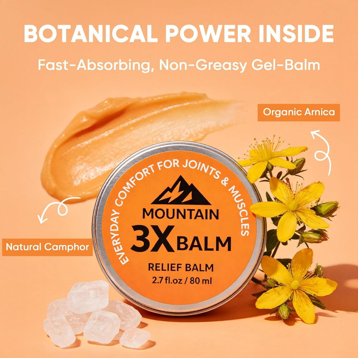 Close-up of JONKEYPENY Mountain 3X Relief Balm label highlighting arnica and camphor