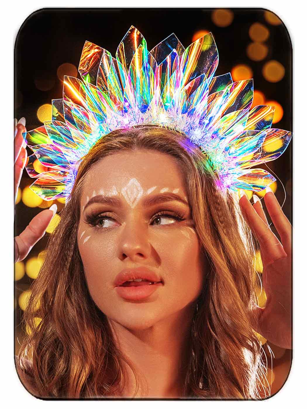 JONKY light-up crown headband shows sparkling colors for a standout party look.