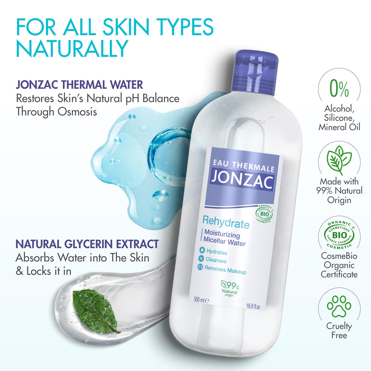 Jonzac Eau Thermale Micellar Water label close-up showing organic certification.