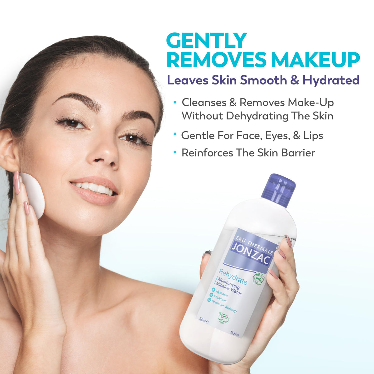 Jonzac micellar water used to remove eye makeup with hypoallergenic formula.
