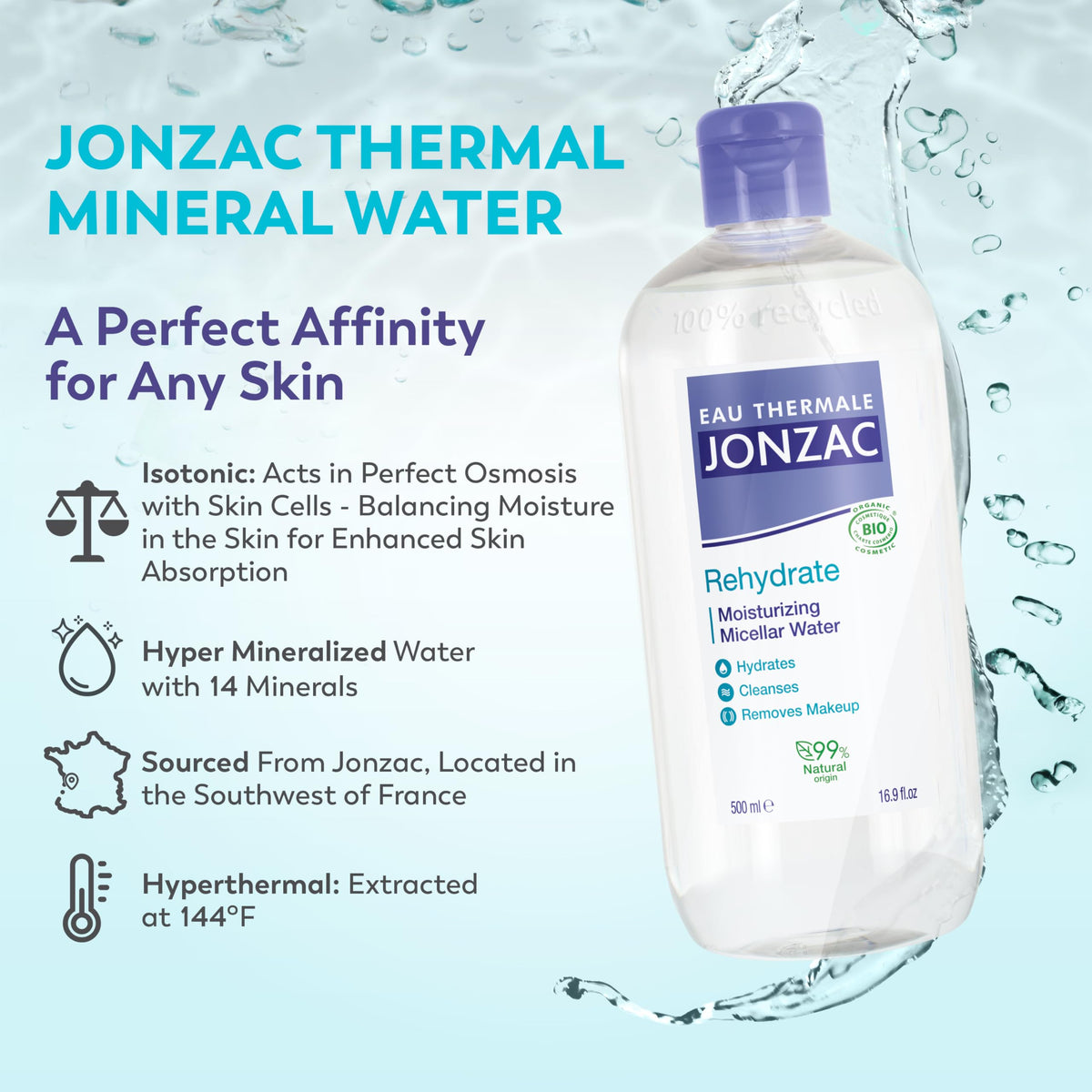Jonzac packaging featuring CosmeBio EcoCert seal for sensitive skin approval.