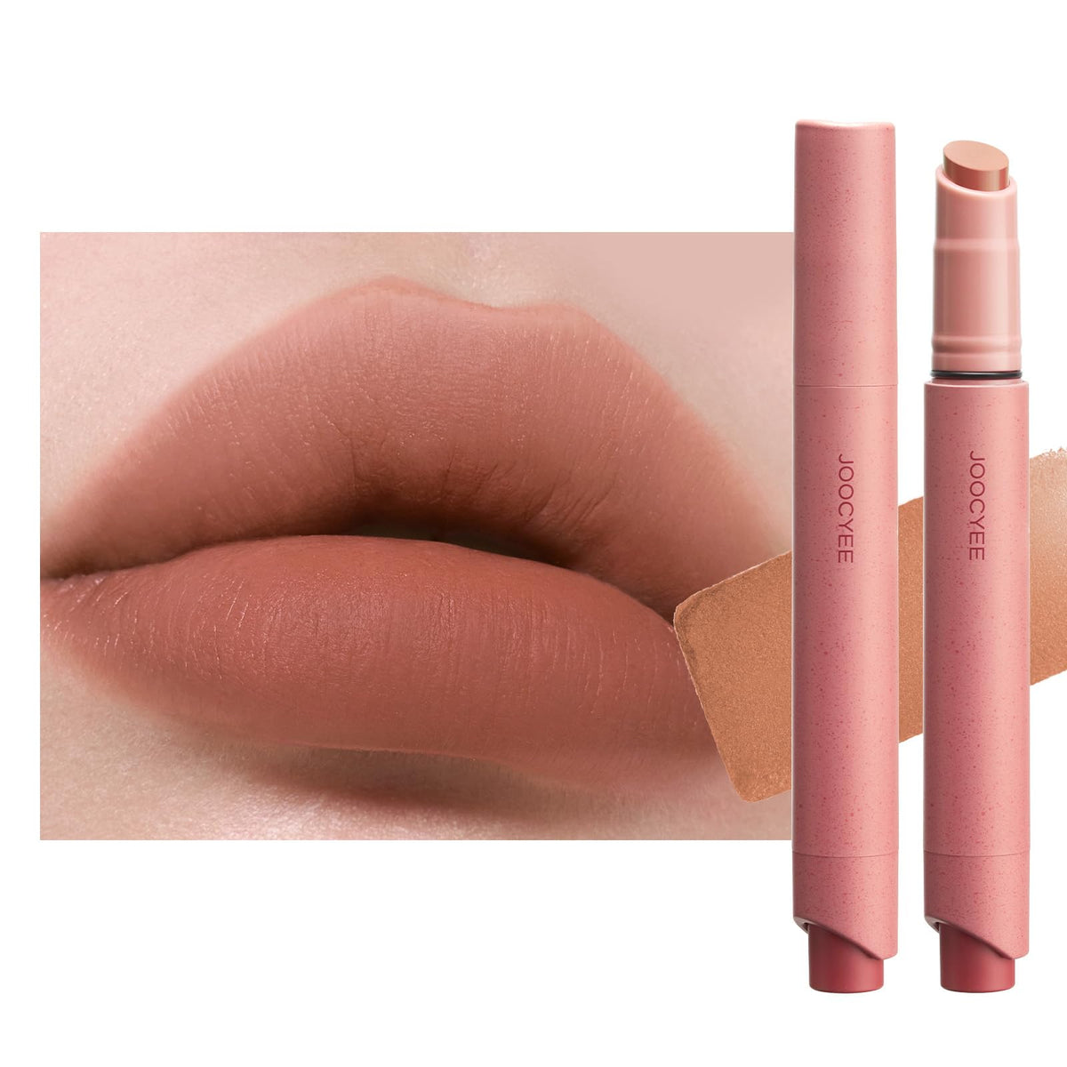 Joocyee Velvet Rouge Lipstick Pencil swatches show rich matte pigment with a lightweight feel for everyday wear.