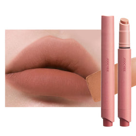 Joocyee Velvet Rouge Lipstick Pencil swatches show rich matte pigment with a lightweight feel for everyday wear.