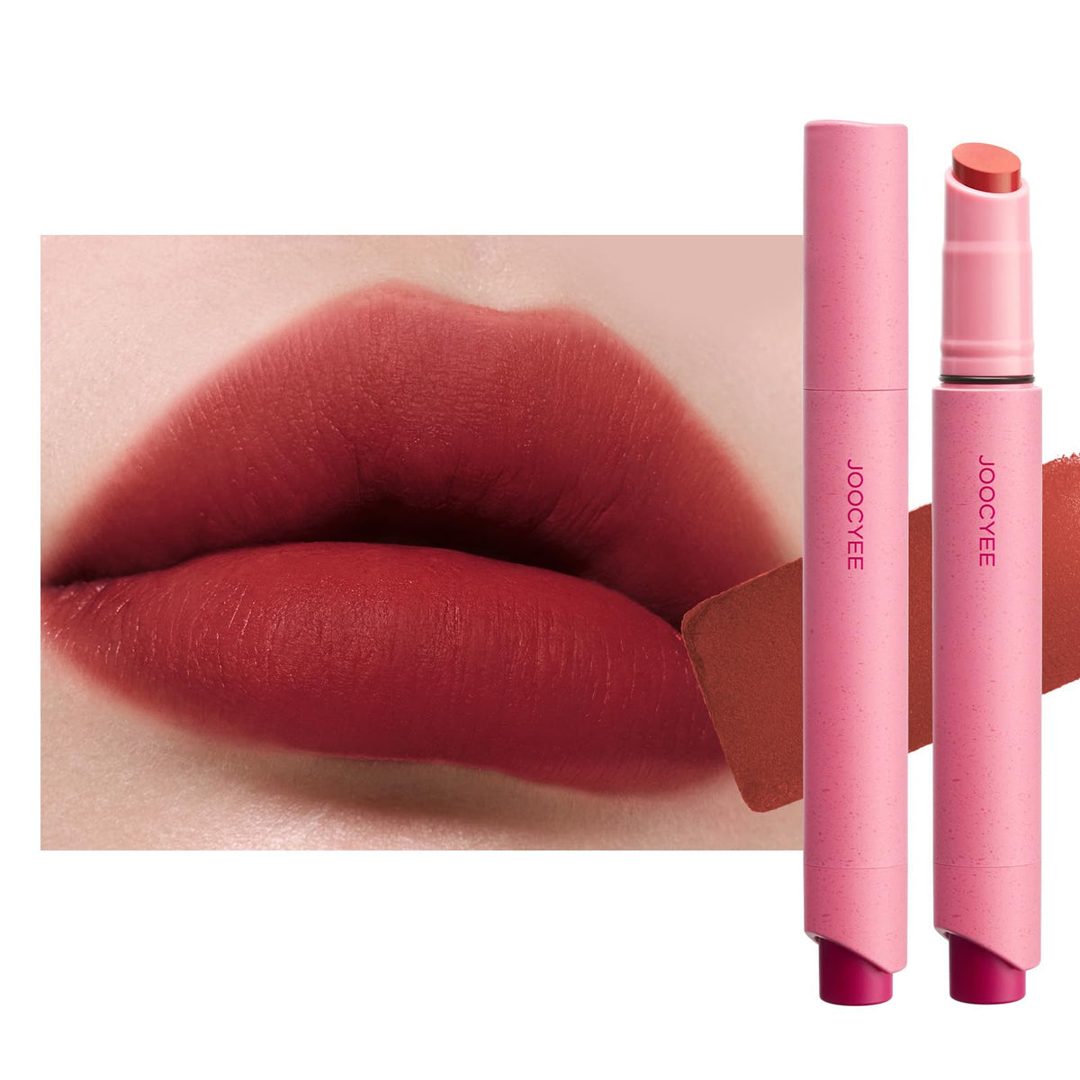 Joocyee Velvet Rouge Matte Lipstick Pencil front view shows deep red-brown for daily wear