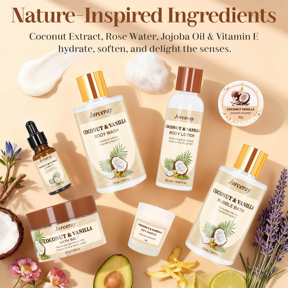 Jorceray coconut vanilla aroma creates a relaxing tropical bath experience.