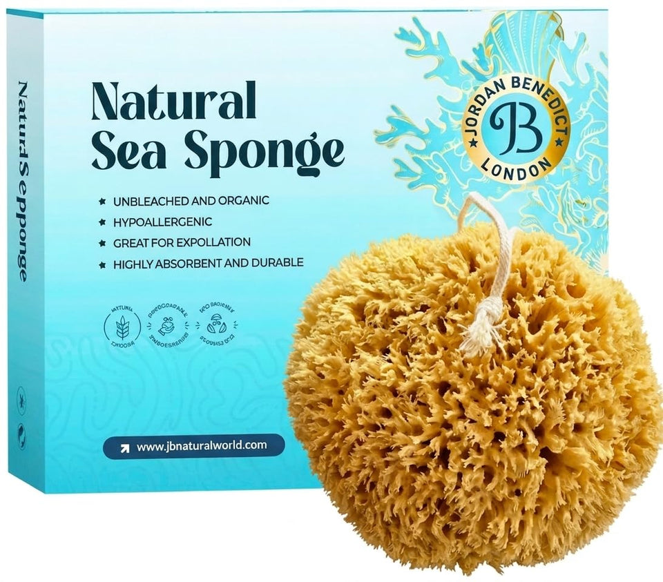 Jordan Benedict natural sea sponge with rope showing honeycomb texture for gentle exfoliation
