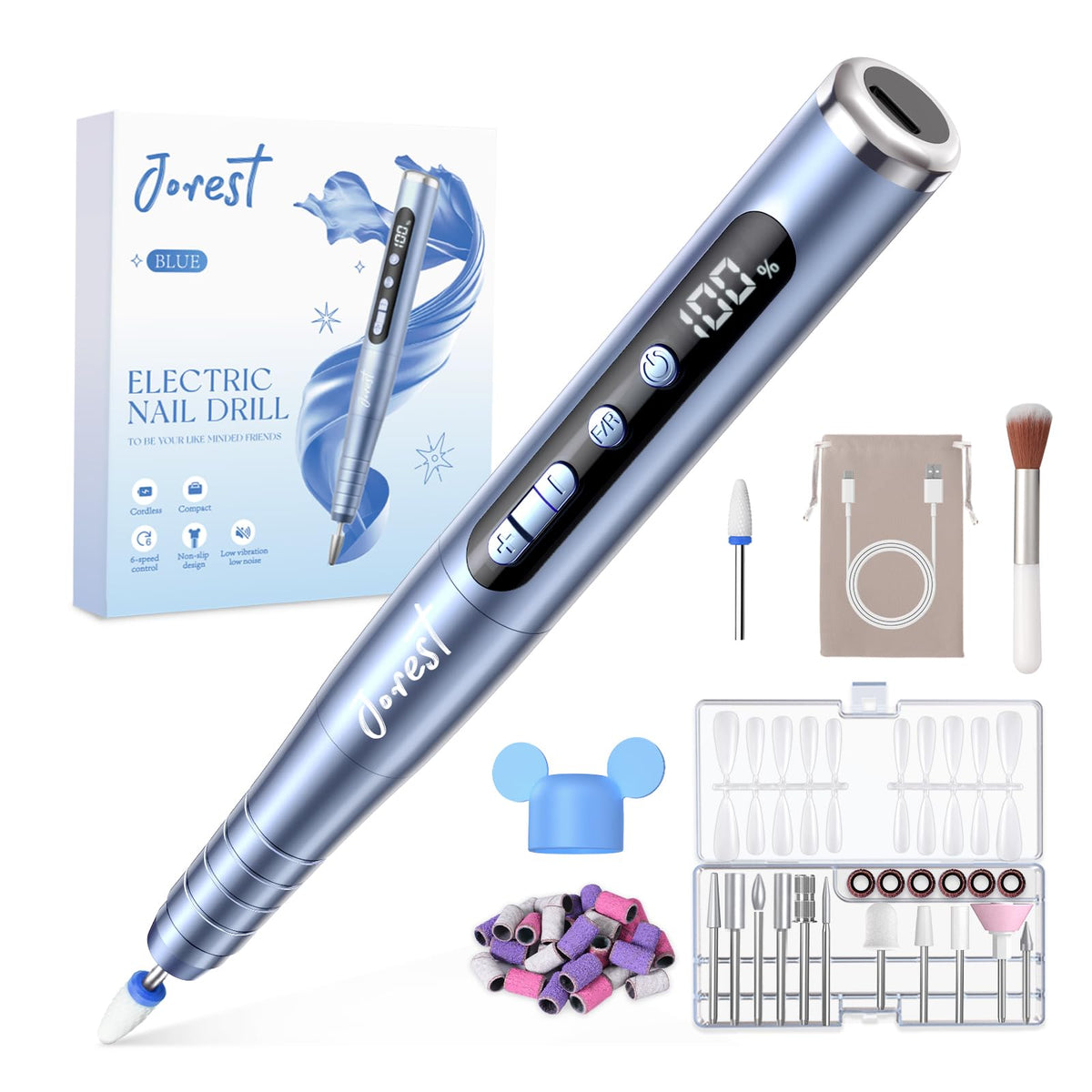 JOREST electric nail drill kit with six-speed control for precise shaping.